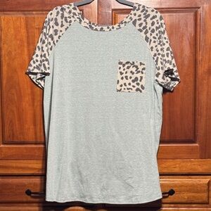 Light Blue Top with Leopard Print Sleeves and Pocket